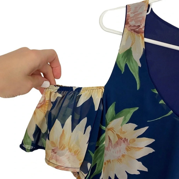 Show Me Your Mumu Birdie Ruffle Dress Womens XS Small Navy Blue Sunflower Mini - Picture 4 of 11